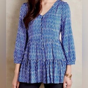 Maeve by Anthropologie Lila Tiered Blue and White Button Down Blouse - Size L